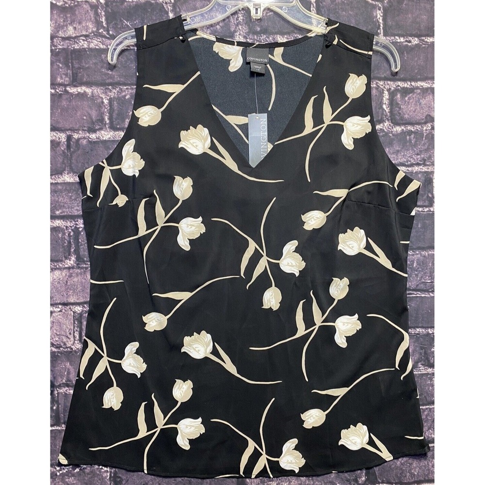 Covington Womens Top Size Large Black White Floral Missy Fashion Preppy Tank NWT